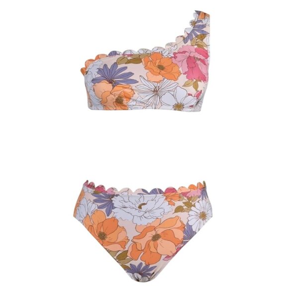 Cupshe Women’s Floral One-Shoulder Bikini M Pink Scalloped Mid-Rise Two-Piece - Picture 4 of 10